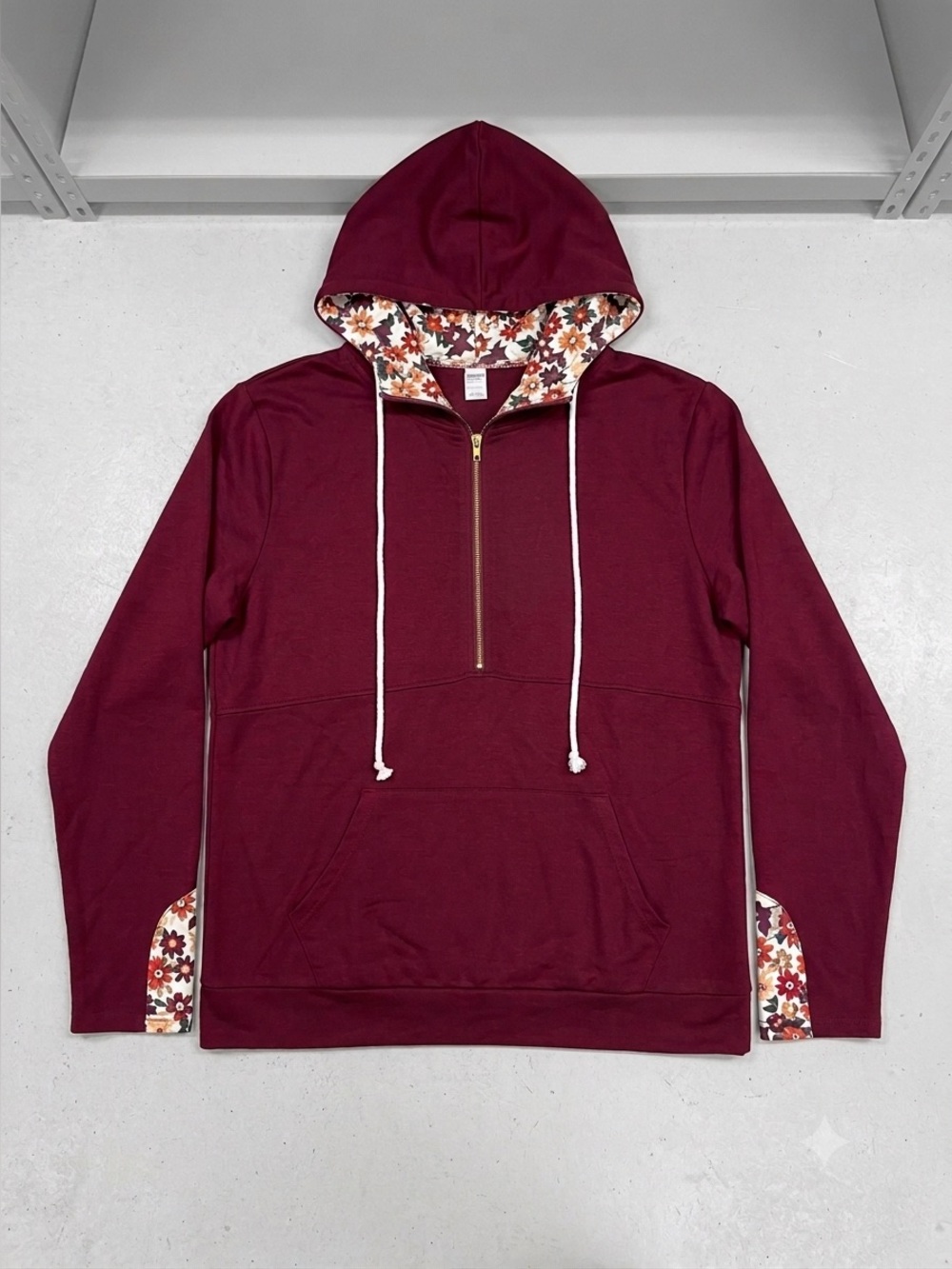 Shirley and Stone Audra half zip lightweight hoodie Burgundy Floral size XL